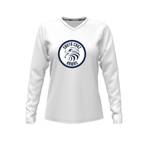 [CUS-DFW-TEES-CMF-VNK-LSL-WHT-FYXS-LOGO2] Decker Comfort T-Shirt (Female Youth XS, White, V Neck, Logo 2, Long Sleeve)