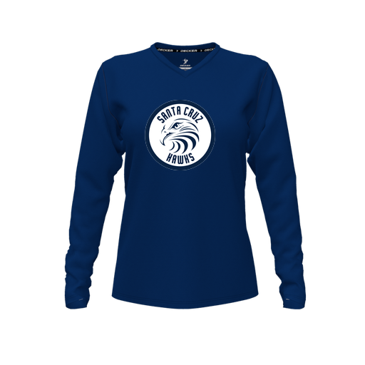 [CUS-DFW-TEES-CMF-VNK-LSL-NVY-FYXS-LOGO2] Decker Comfort T-Shirt (Female Youth XS, Navy, V Neck, Logo 2, Long Sleeve)