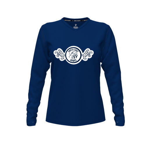 [CUS-DFW-TEES-CMF-VNK-LSL-NVY-FYXS-LOGO3] Decker Comfort T-Shirt (Female Youth XS, Navy, V Neck, Logo 3, Long Sleeve)