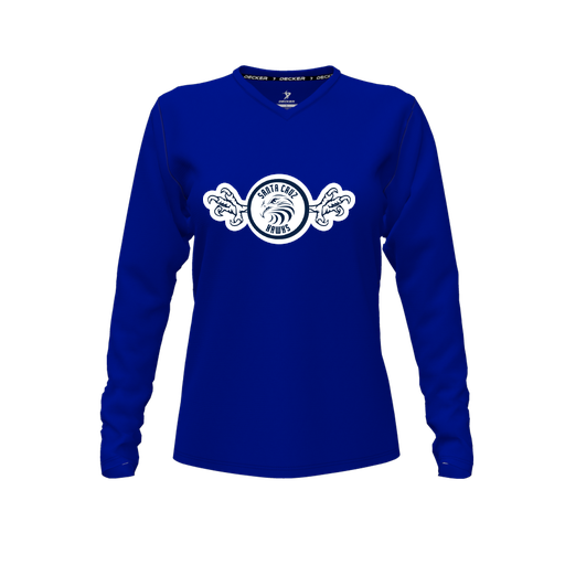 [CUS-DFW-TEES-CMF-VNK-LSL-RYL-FYXS-LOGO3] Decker Comfort T-Shirt (Female Youth XS, Royal, V Neck, Logo 3, Long Sleeve)