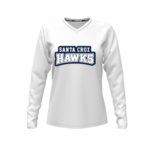 [CUS-DFW-TEES-PER-VNK-LSL-WHT-FYXS-LOGO1] Decker Performance T-Shirt (Female Youth XS, White, V Neck, Logo 1, Long Sleeve)