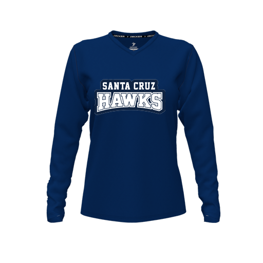 [CUS-DFW-TEES-PER-VNK-LSL-NVY-FYXS-LOGO1] Decker Performance T-Shirt (Female Youth XS, Navy, V Neck, Logo 1, Long Sleeve)