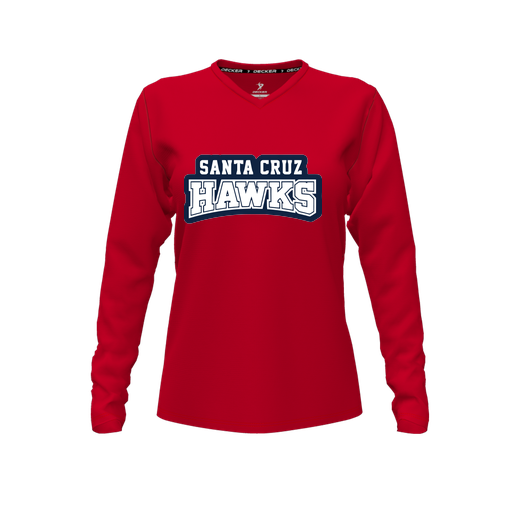 [CUS-DFW-TEES-PER-VNK-LSL-RED-FYXS-LOGO1] Decker Performance T-Shirt (Female Youth XS, Red, V Neck, Logo 1, Long Sleeve)