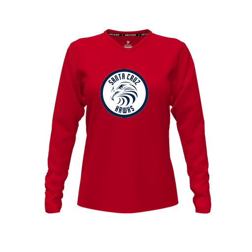 [CUS-DFW-TEES-PER-VNK-LSL-RED-FYXS-LOGO2] Decker Performance T-Shirt (Female Youth XS, Red, V Neck, Logo 2, Long Sleeve)