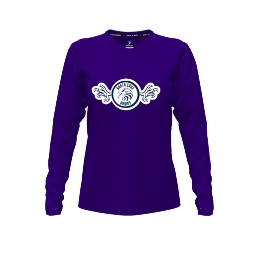 [CUS-DFW-TEES-PER-VNK-LSL-PUR-FYXS-LOGO3] Decker Performance T-Shirt (Female Youth XS, Purple, V Neck, Logo 3, Long Sleeve)